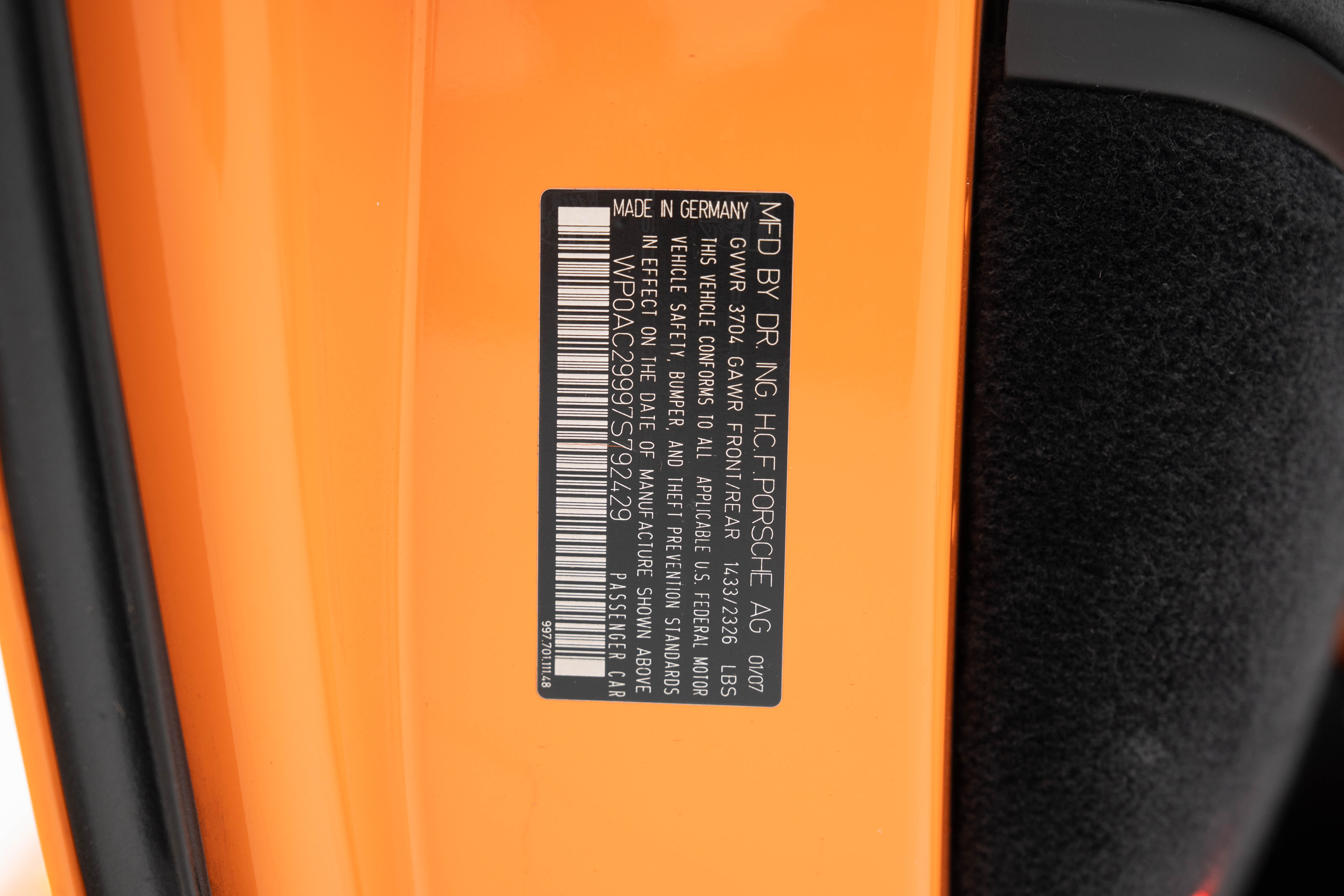 2007 Porsche 911 GT3 RS — Tags and Stamping